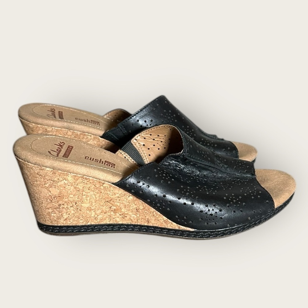 Clarks Helio Corridor Comfort Series black Leather/ Cork Wedges beige Size 8 M